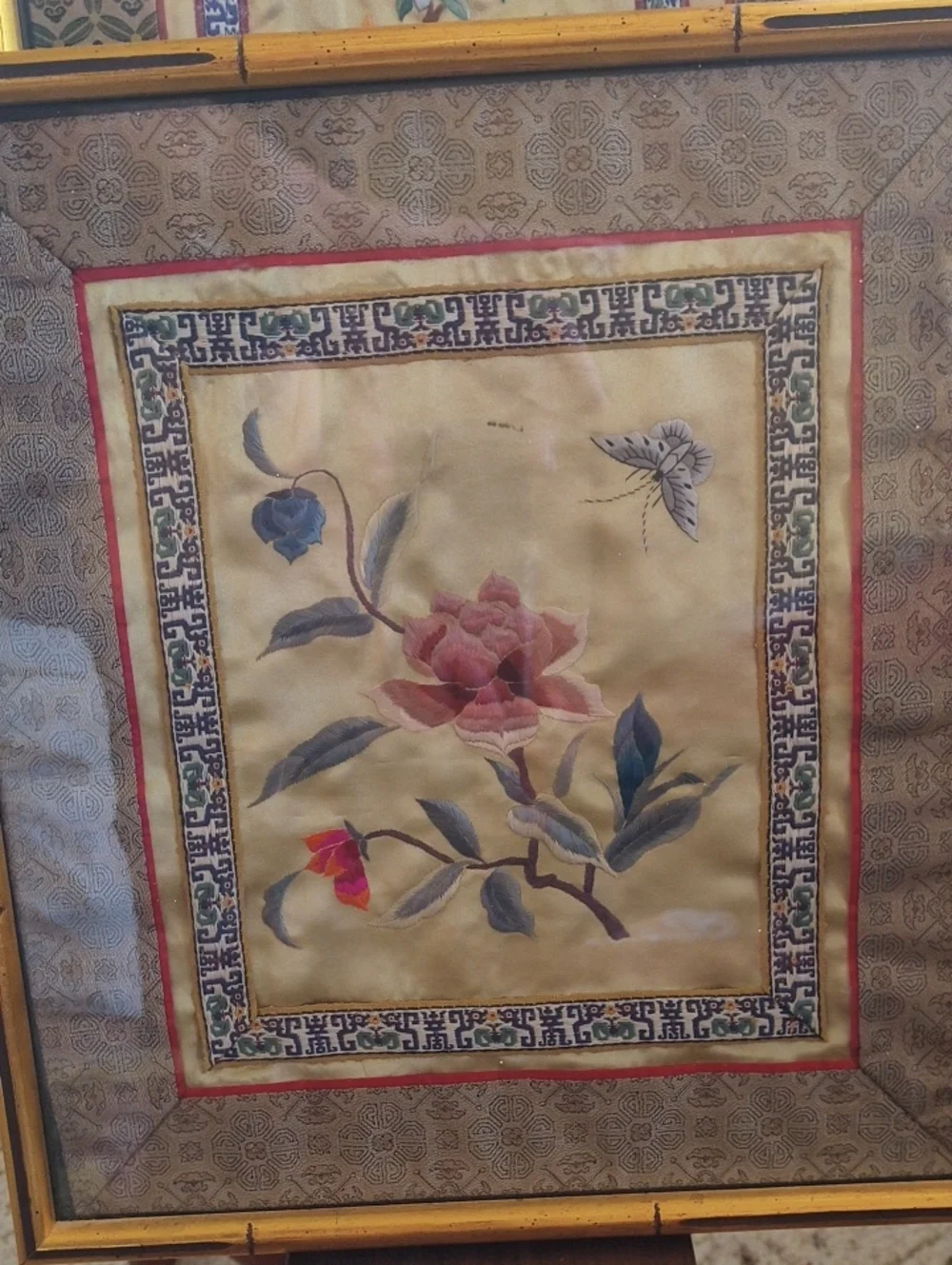 Gold Framed Floral Silk Embroidery Wall Art - Gold Beautiful Pair